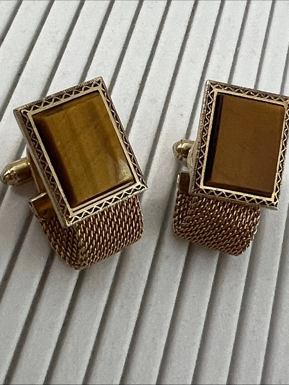 Gold-Tone Rectangular Tiger Eye Cuff Links with Woven Backing